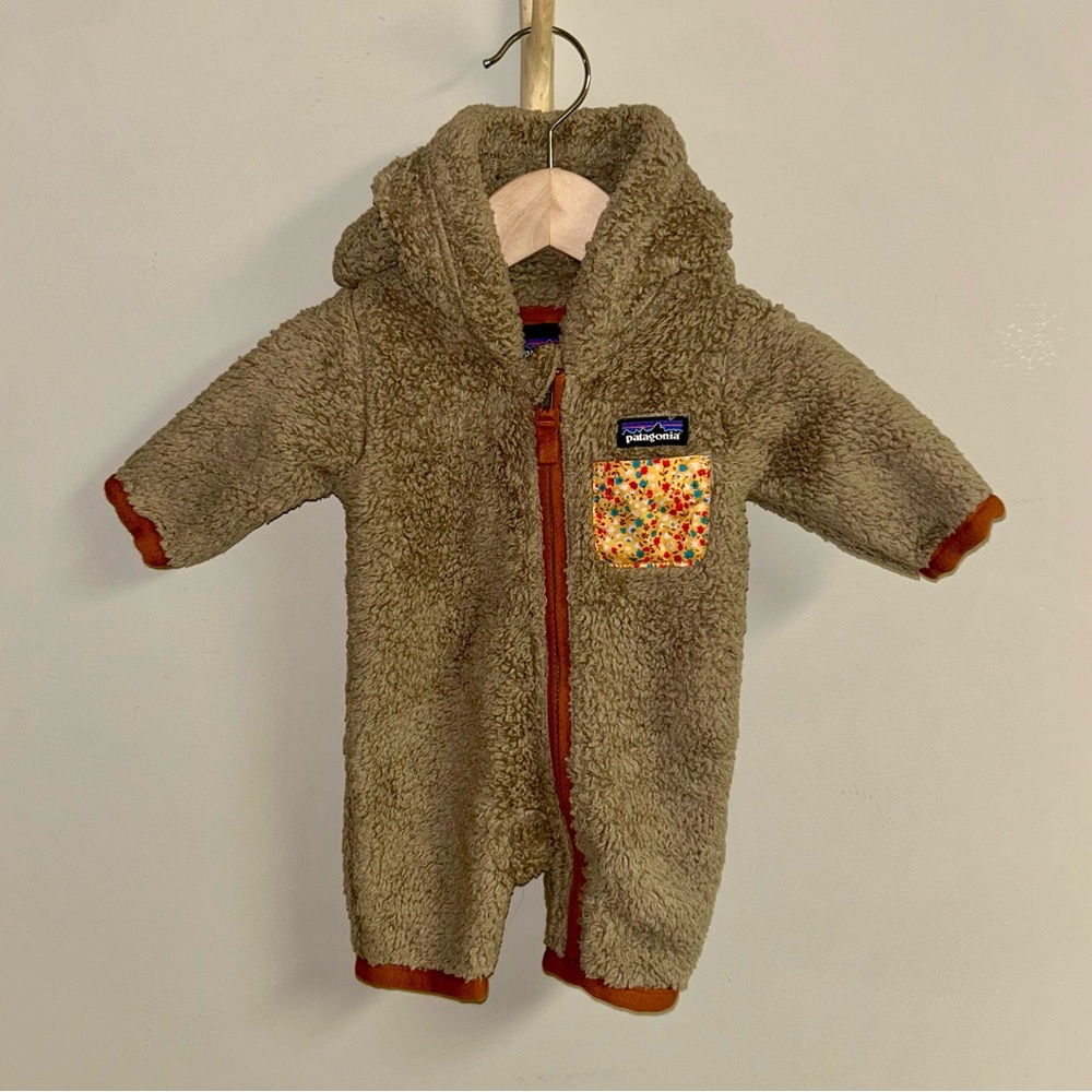 Patagonia Cozy Brown Fleece Footie with Colorful Pocket